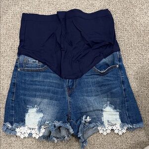 Pinkblush Navy Panel Distressed Denim Maternity Shorts with White Lace Trim